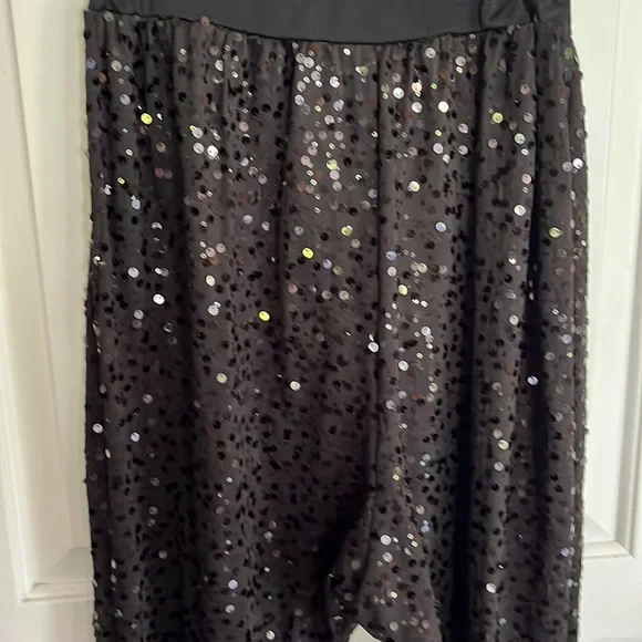 Black sequin pants slouchy Sz medium drop crotch elastic waistband - Picture 2 of 8